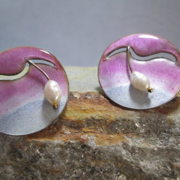 Sunrise Enamel & Genuine Pearl Earrings, Pierced - Picture 2 of 9